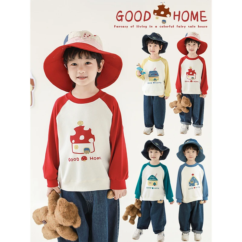 淸  幼悠春二波 男童四色小房子精棉撞色插肩卡通卫衣 N5666