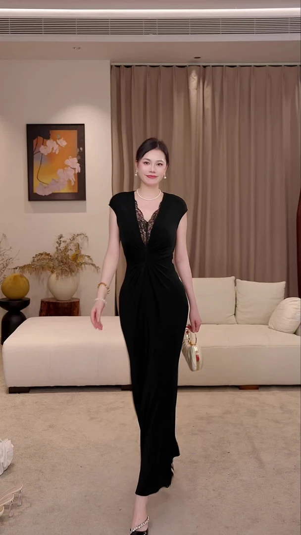 【昭昭】暗黑精灵 原创轻奢蕾丝拼接设计感收腰V领连衣裙-VG0252