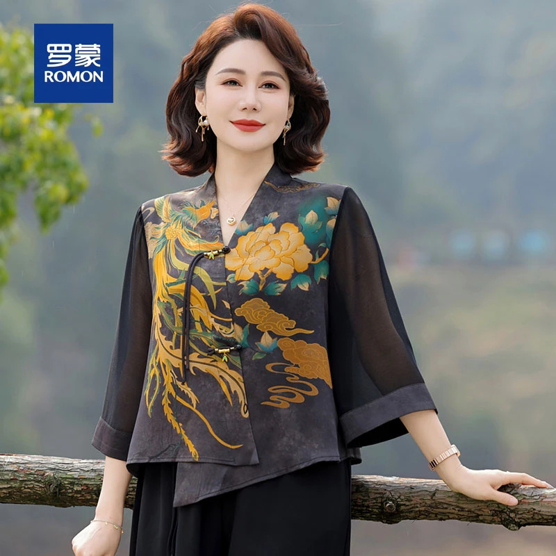 罗蒙中老年女装夏季新款上衣新中式妈妈装衬衫女气质盘扣小衫套装