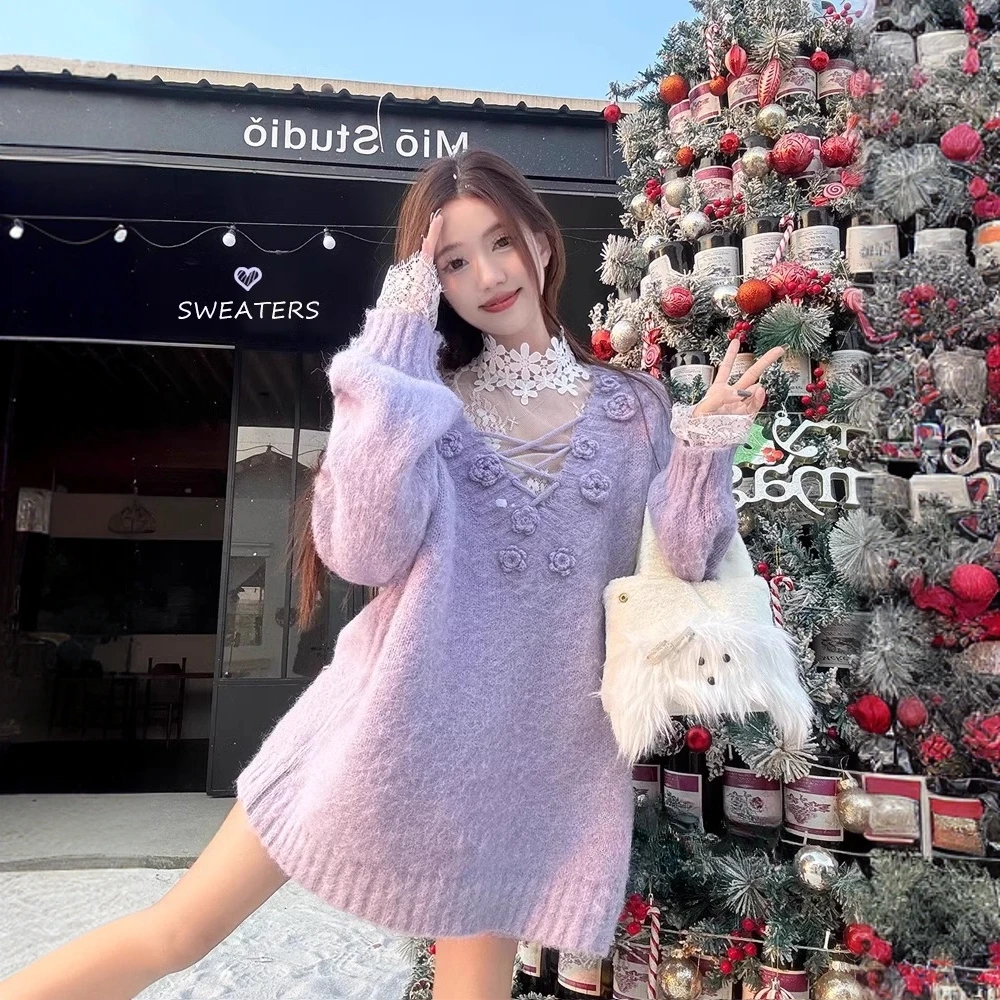 立体花朵V领氛围感毛衣女2025春秋新款甜美温柔风宽松针织衫上衣