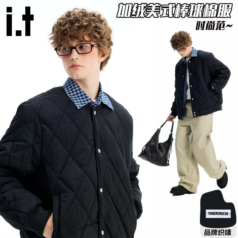 it FINGERCROXX加绒菱格棒球服外套男生冬季加厚保暖叠穿百搭棉服
