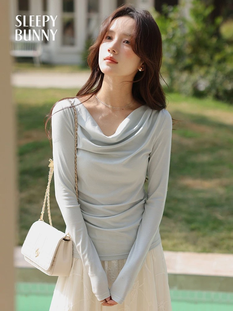 瞌睡兔 莱赛尔荡领压褶T恤春秋打底衫女内搭显瘦长袖上衣 247449