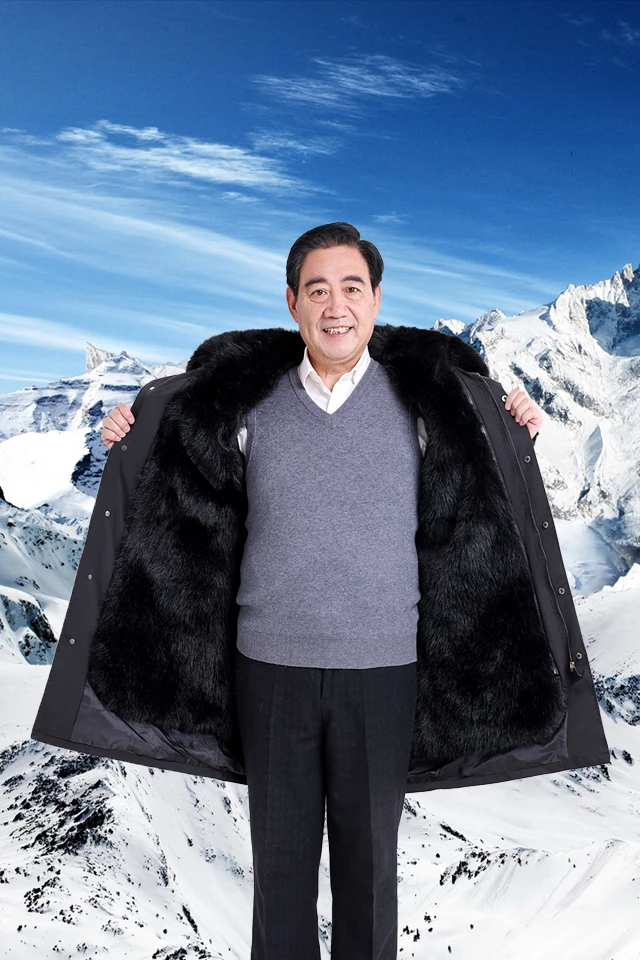 冬季皮草派克服男士中老年男装皮毛一体可拆卸中长款加厚保暖外套