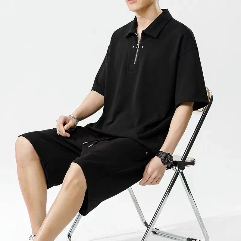 夏季轻奢时尚潮流百搭休闲翻领拉链T恤