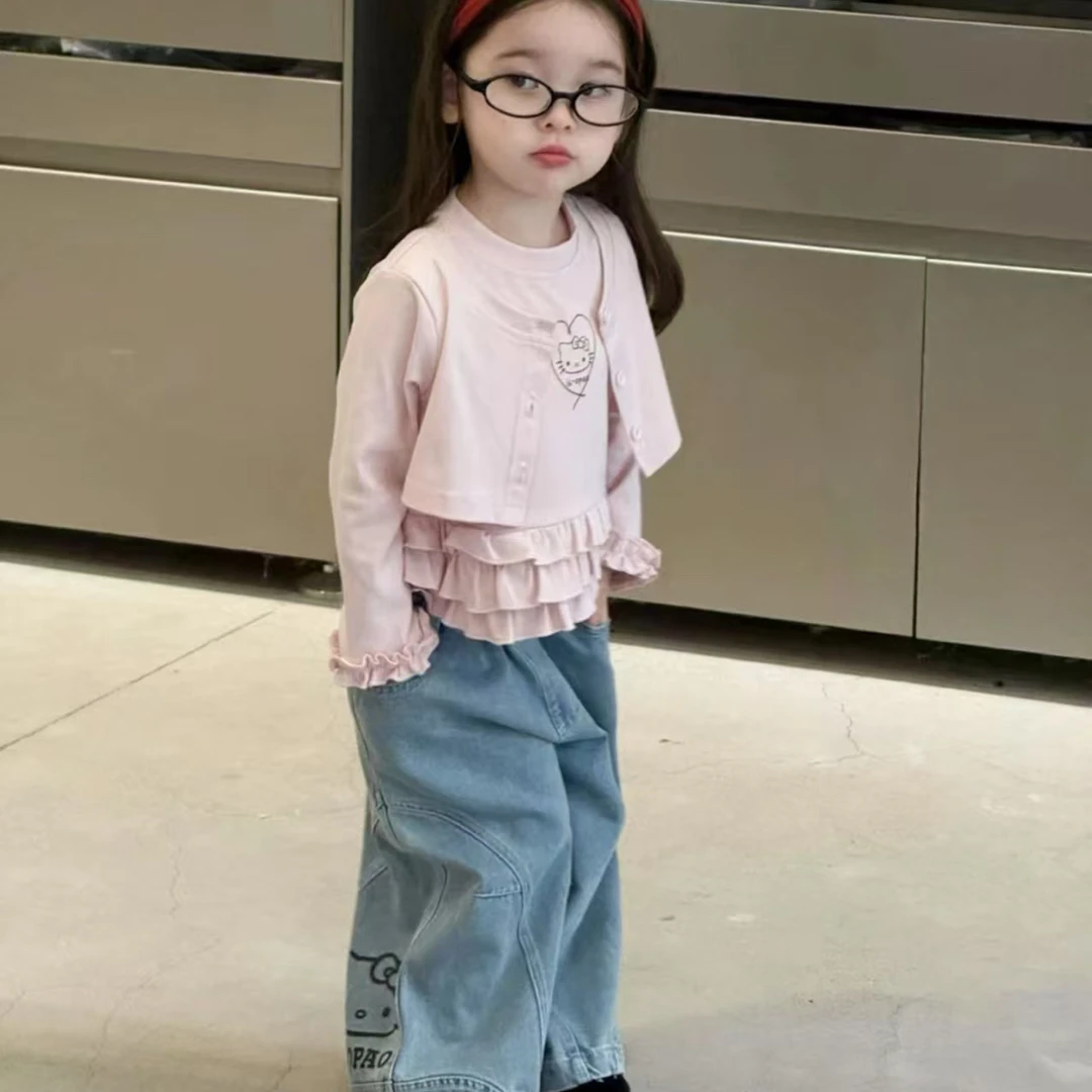 女童套装2025秋季新款中小童2-10岁韩版长袖假两件上衣儿童牛仔裤