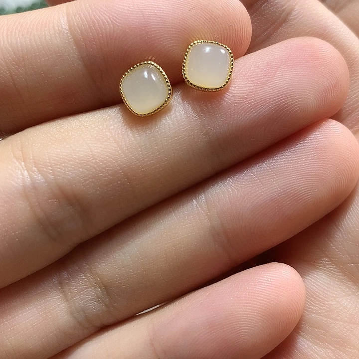 银S925镀金镶嵌和田玉（青白玉）耳饰