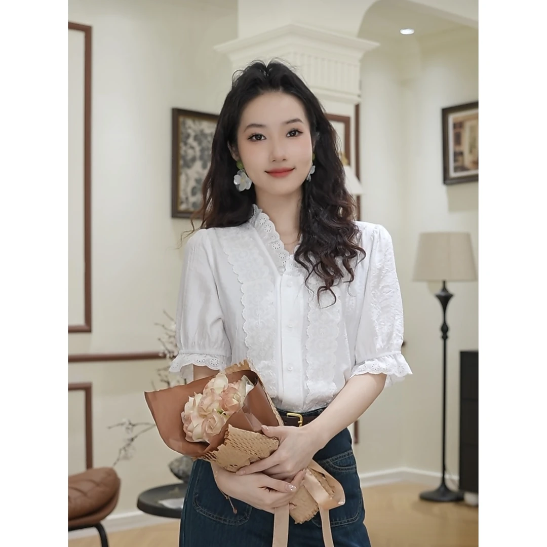 小小港风 2025新款春季宽松显瘦白色浪漫法式短袖衬衫#7799