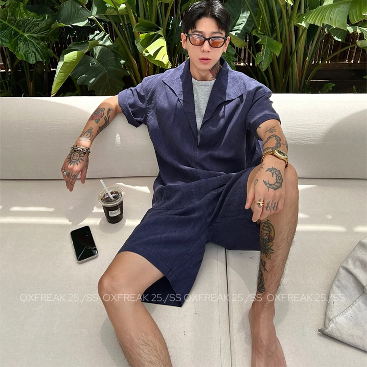 【龟龟专属】OXFREAK「老钱度假日」天丝休闲套装男假两件短袖t恤短裤