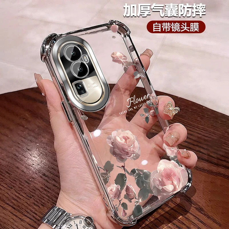 新款玫瑰适用opporeno10手机壳网红防摔气囊pro全包镜头膜 软硅胶