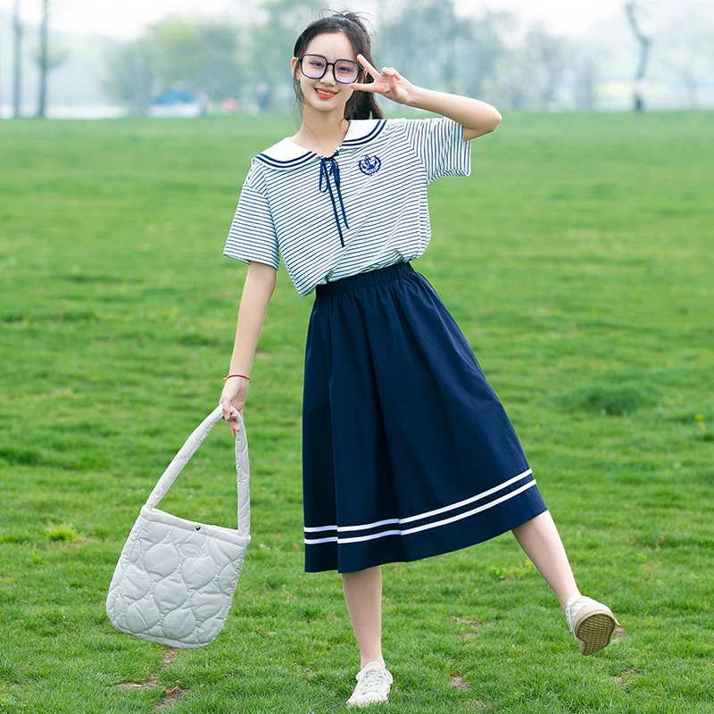 高中初中学生短袖T恤少女大童夏季学院风甜美学院风条纹上衣夏装