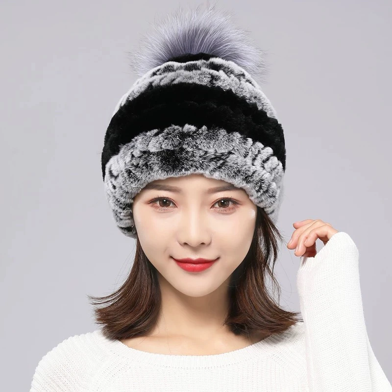 新款獭兔毛皮草帽子女款秋冬季獭兔毛横条毛球公主帽真毛女冬季