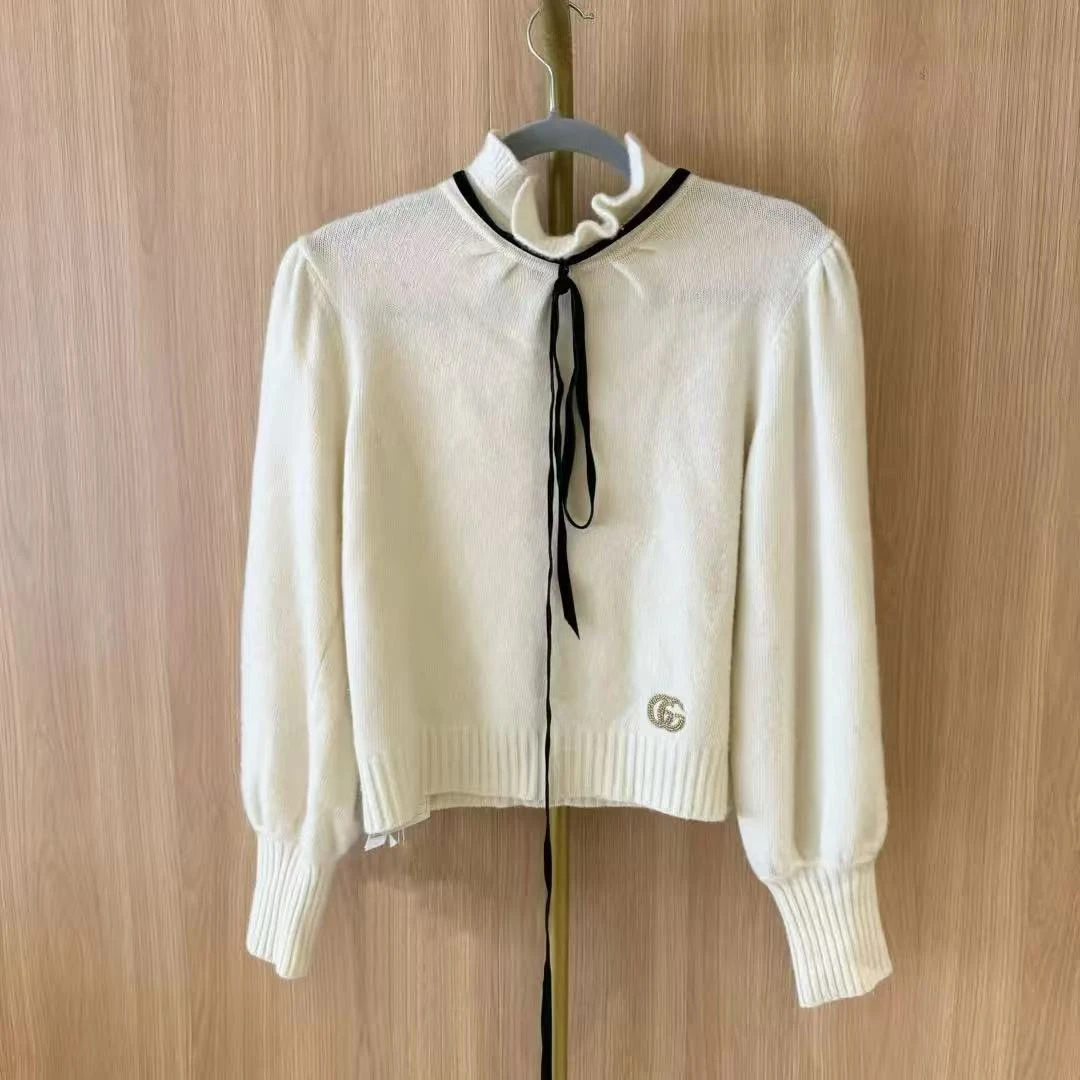 99新 GUCCI/古驰 su/白色Logo刺绣荷叶边毛衣/47014211/代卖服务