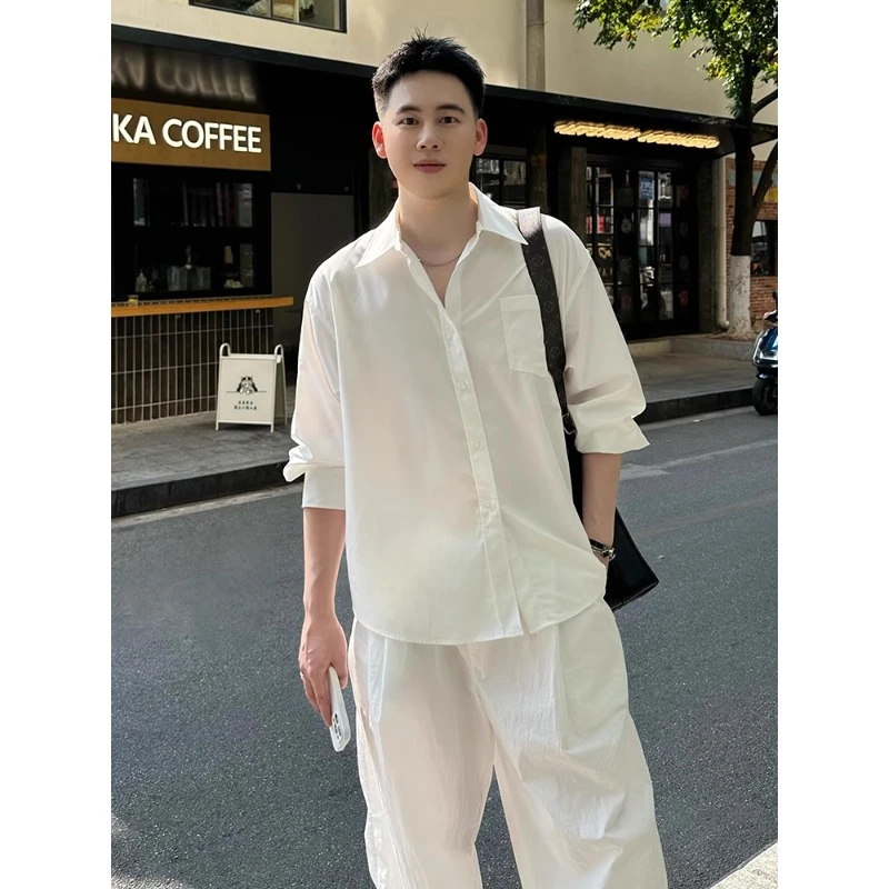 韩系白色冰丝长袖衬衫男款夏季高级痞帅潮流抗皱轻薄垂感防晒衬衣