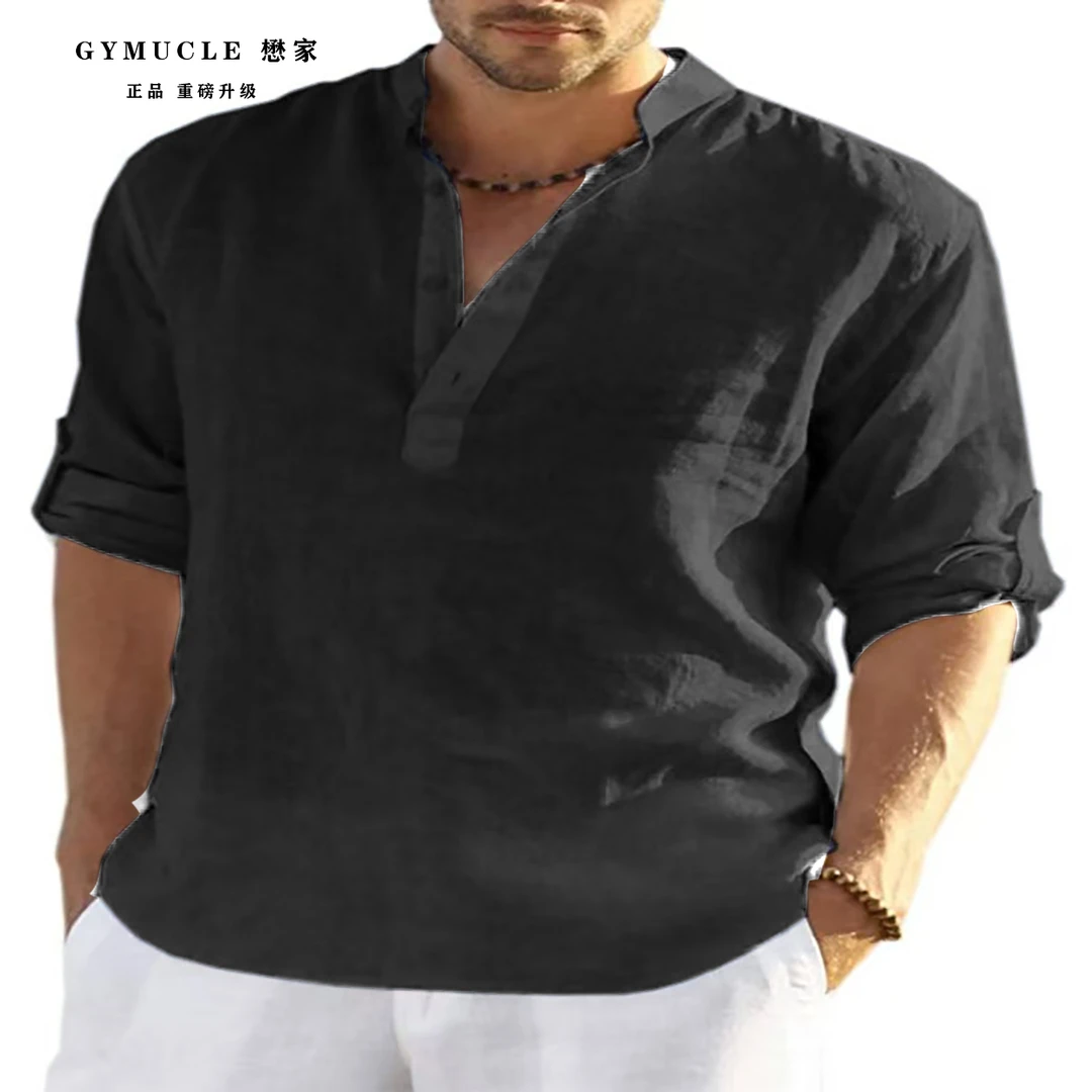 棉麻长袖男士宽松秋冬款雅痞套头纯色打底衫长袖男小众设计高级感