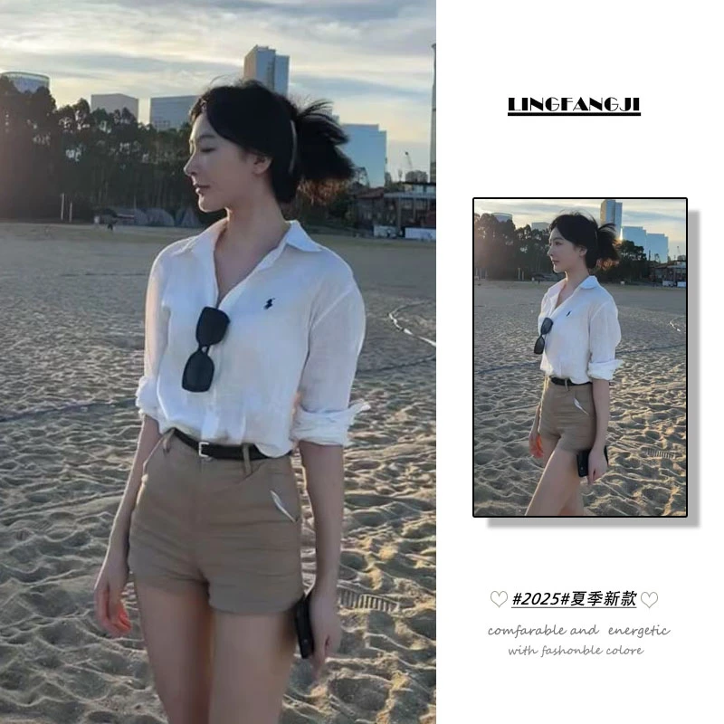 夏季温柔系穿搭一整套女2025年新款韩版简约衬衫高腰短裤两件套装