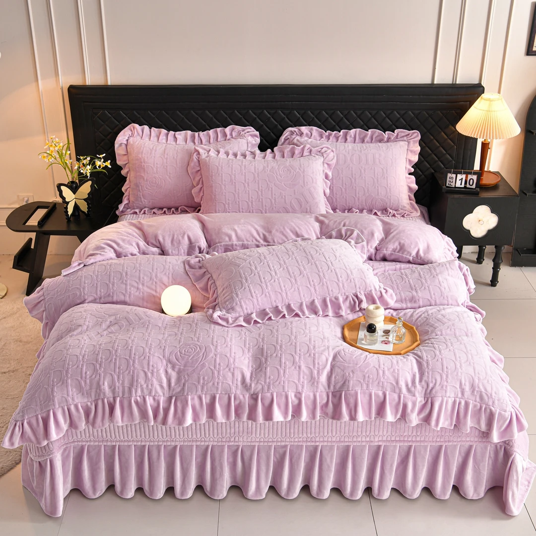 【摩卡】2025新款韩版纯色牛奶绒花边款雕花绒床盖款四件套