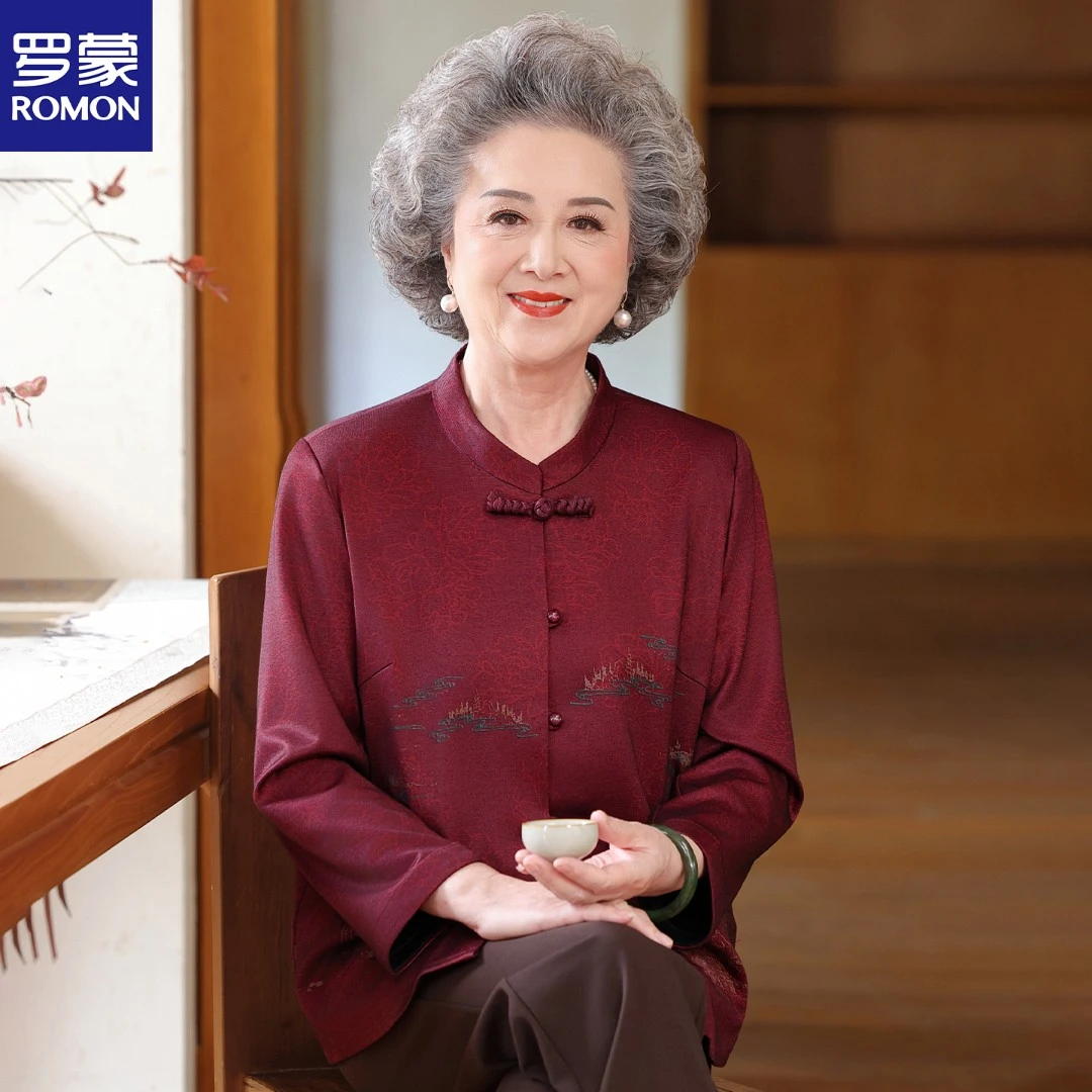 罗蒙中老年人秋装女奶奶衣服长袖中式印花衬衫妈妈薄外套婚礼喜庆