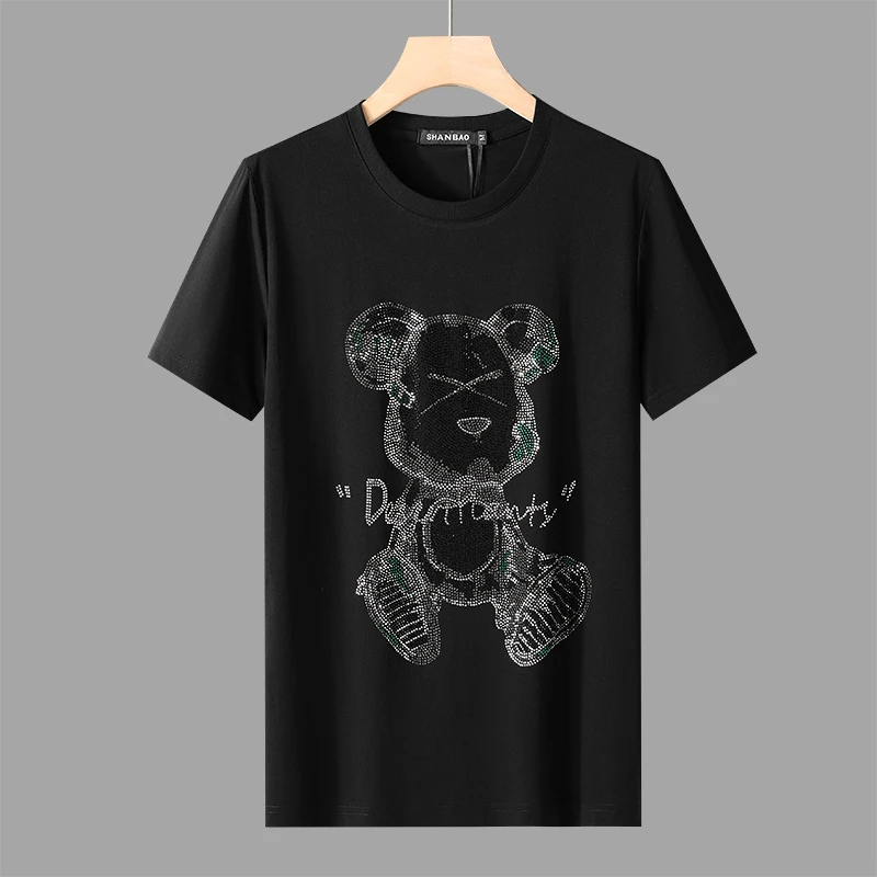 轻奢时尚潮流欧洲站烫钻小熊短袖T恤男夏季新款潮牌修身圆领半袖