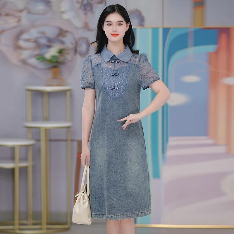 牛仔裙新款拼蕾丝设计感娃娃领牛仔连衣裙显瘦中长款裙子