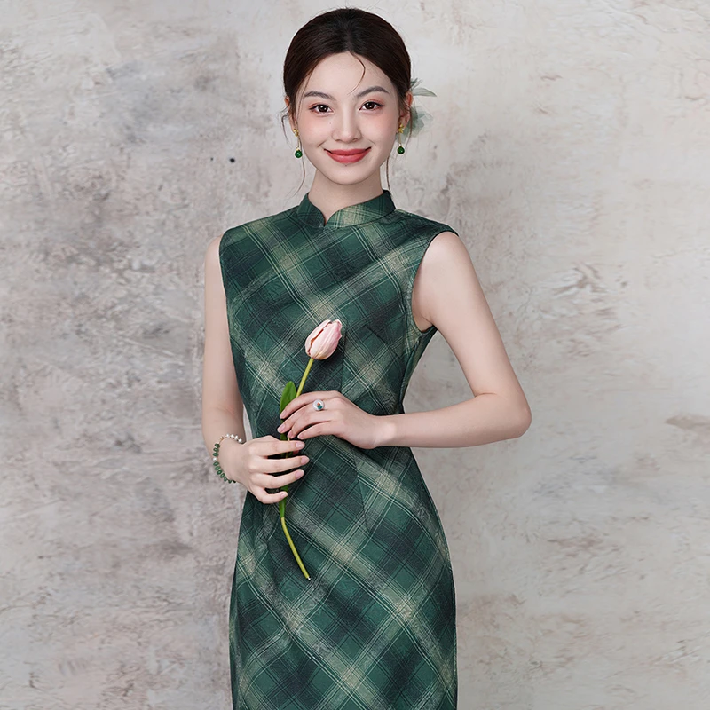 新中式旗袍日常可穿高端2025夏季素雅改良国风礼服老上海绿色裙子