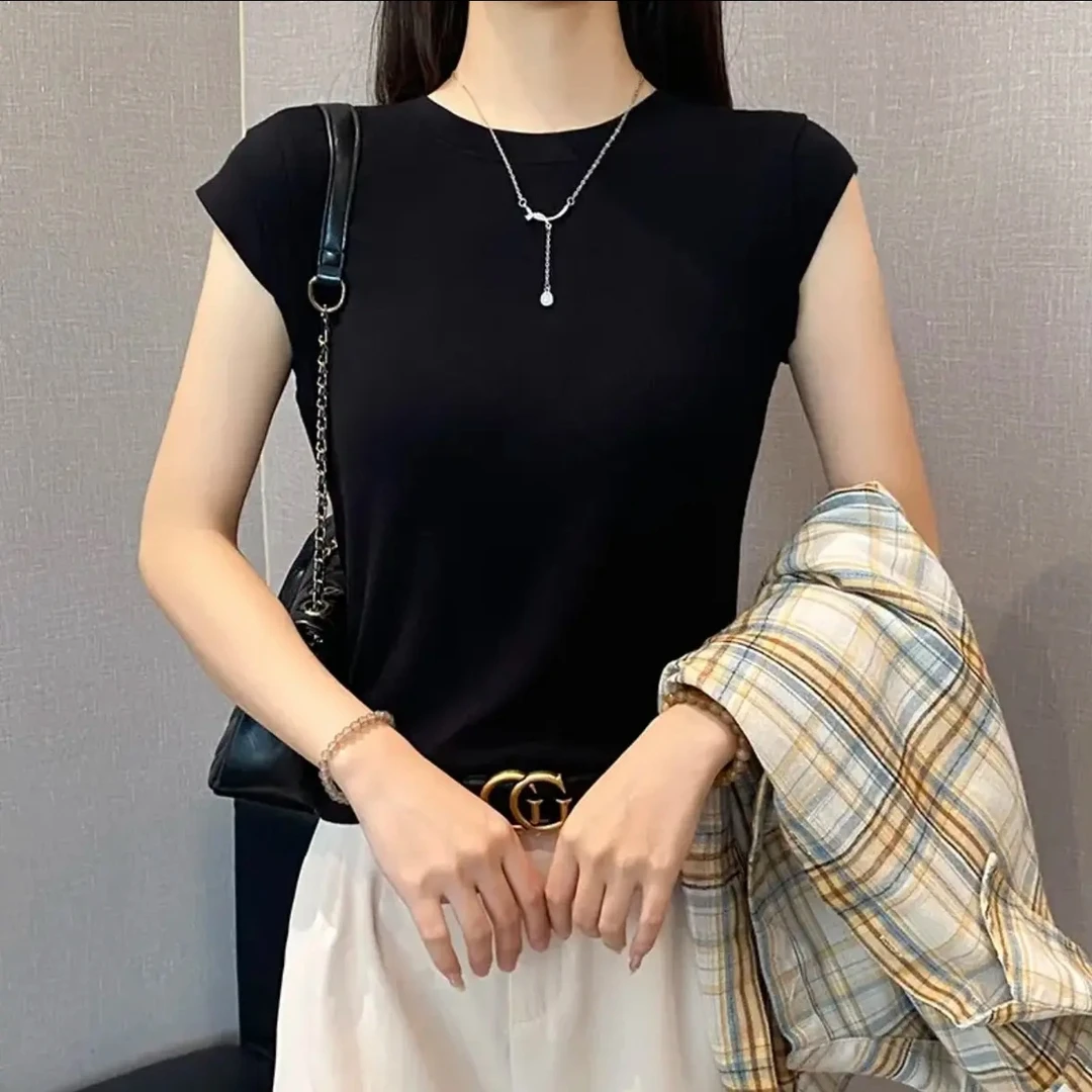 【送运费险】猫在衣角螺纹圆领短袖女夏季修身打底衫百搭显瘦飞飞袖