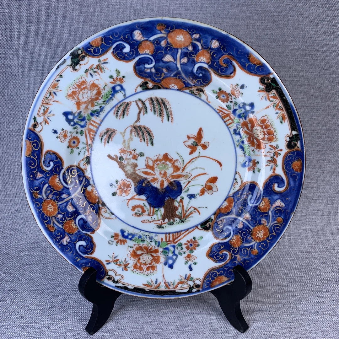 清代青花矾红描金花卉盘古瓷器真品国营镇江市文物商店5128139