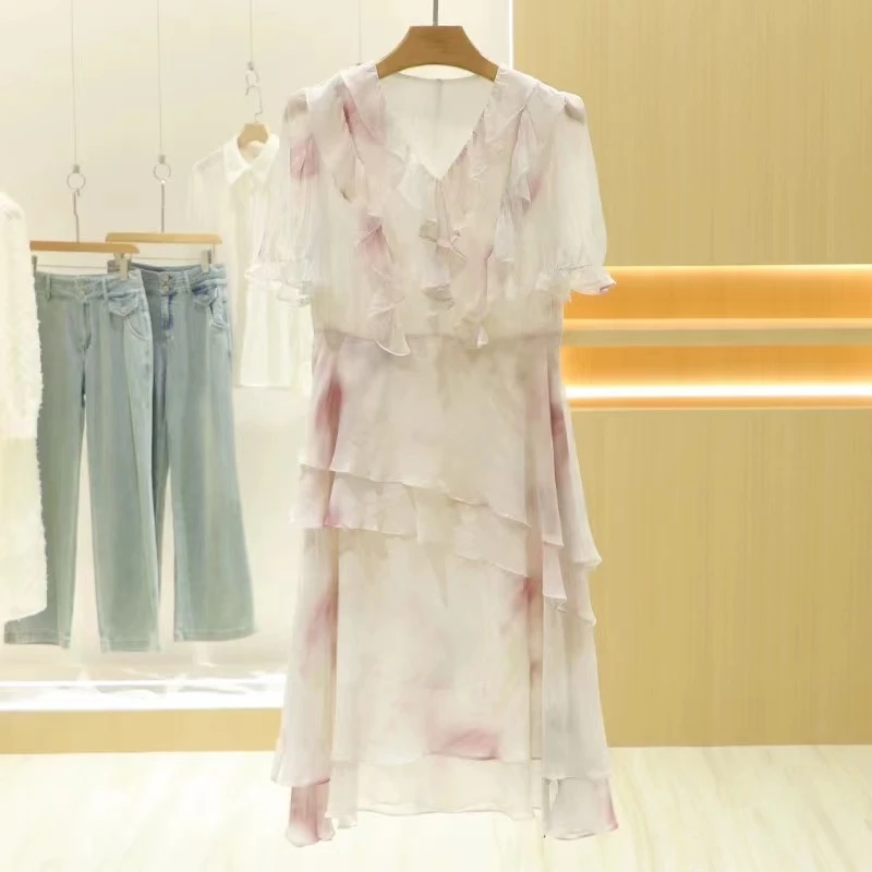 2025年春季新款木耳边拼印花真丝连衣裙女宽松收腰绑带桑蚕丝长裙