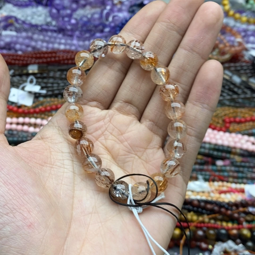 玛瑙/玉髓未镶嵌珠宝半成品一条天然9+黑金超七水晶手链