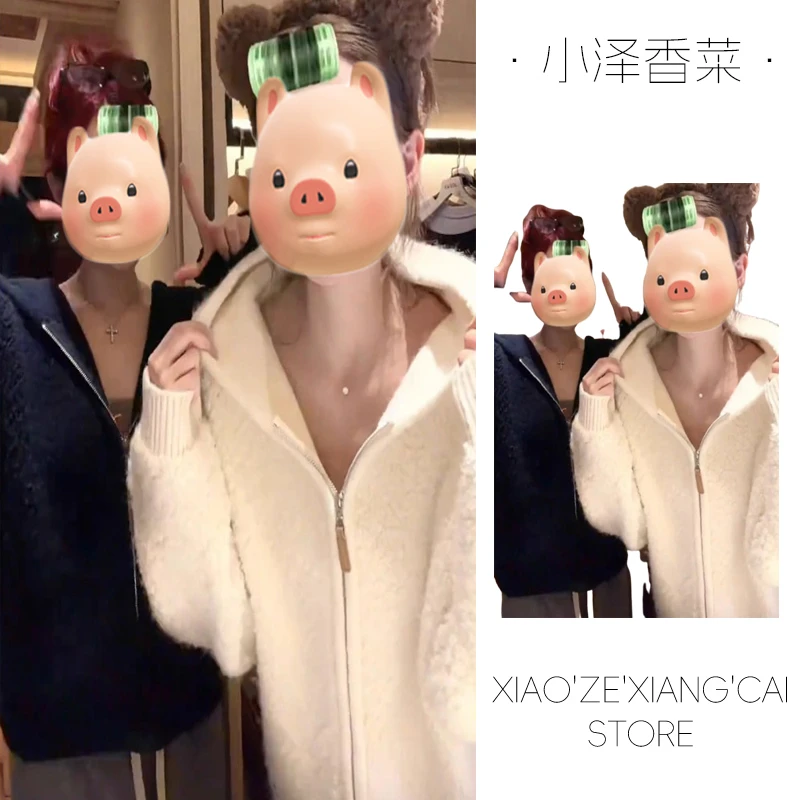 白色拉链连帽毛衣外套女秋冬季加厚保暖宽松慵懒风高级感针织开衫
