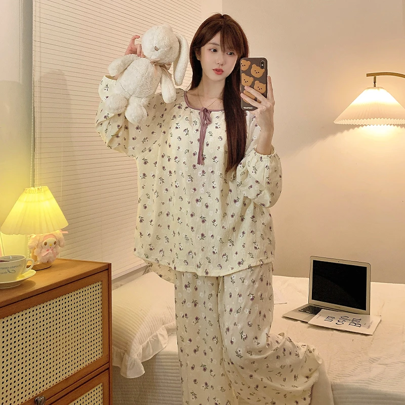 炸姐带胸垫睡衣女春秋季2025新款浮雕花大码套装宽松可外穿家居服