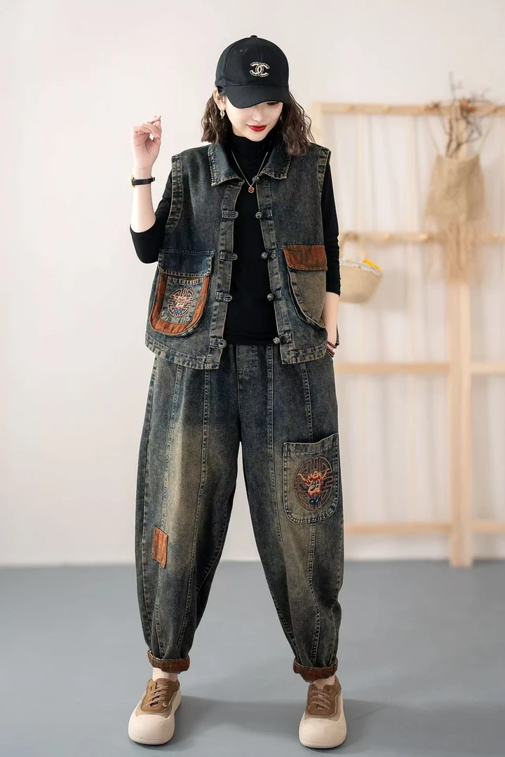 春季女装大码刺绣宽松水洗软牛仔马甲牛仔裤套装复古民族风哈伦裤