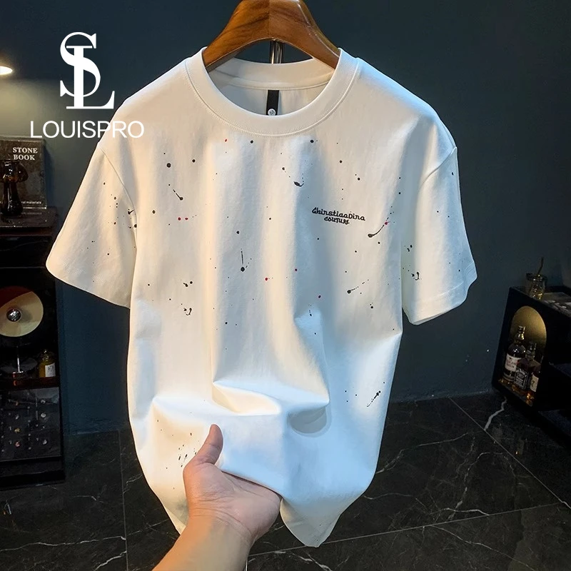 Louispro潮流泼墨T恤短袖男夏季薄款圆领大码透气汗衫绣花棉质白t