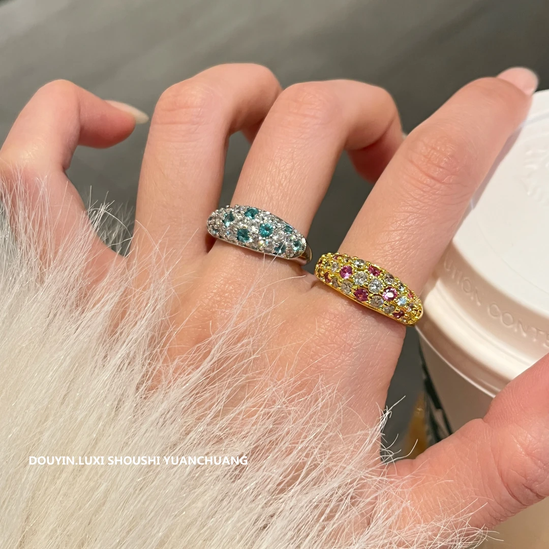 铜合金锆石戒指 超精致爆闪老钱风戒指女彩色满钻指环排钻食指戒