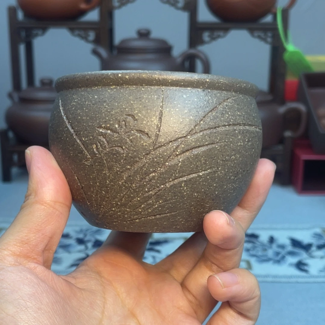 紫砂茶杯天晴刻绘