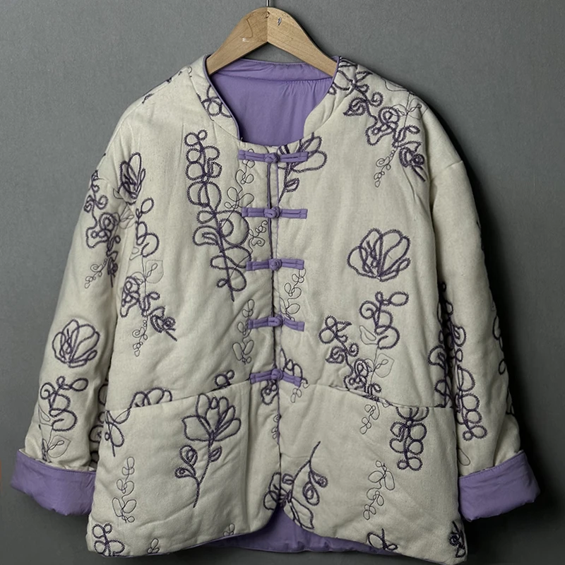 【308】新中式秋冬重工刺绣短款立领宽松休闲型保暖亚麻棉服棉