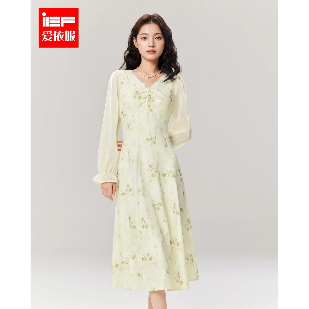 IEF/爱依服连衣裙2025秋季新款成熟风气质感花色连衣长裙欧若风