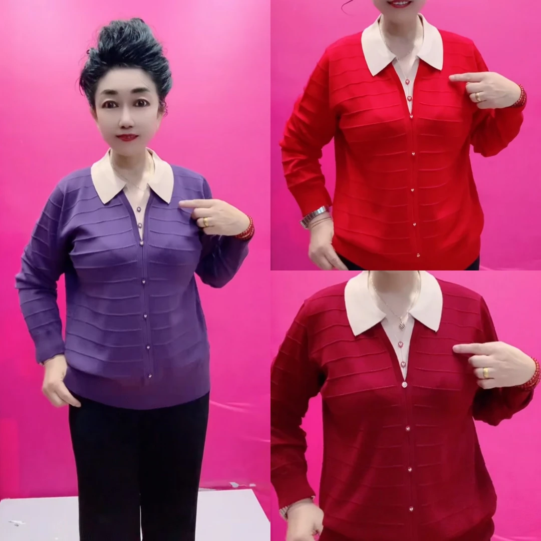 中老年双门襟翻领妈妈衫洋气百搭显瘦
