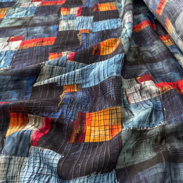 12 纯天然材质数码印花牛仔补丁拼布风真丝棉面料3米价