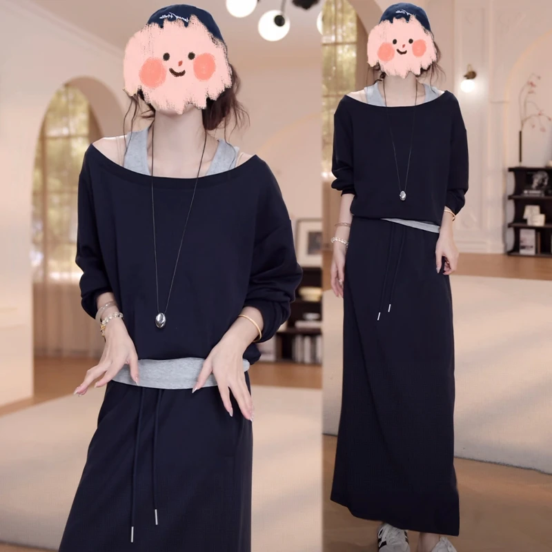 2025早秋新款百搭假两件背心长袖卫衣女松紧腰抽绳高腰卫裙两件套