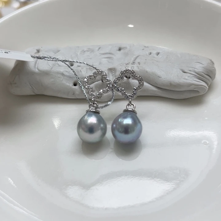 银S925镶嵌耳饰海水珍珠8-9m 11号