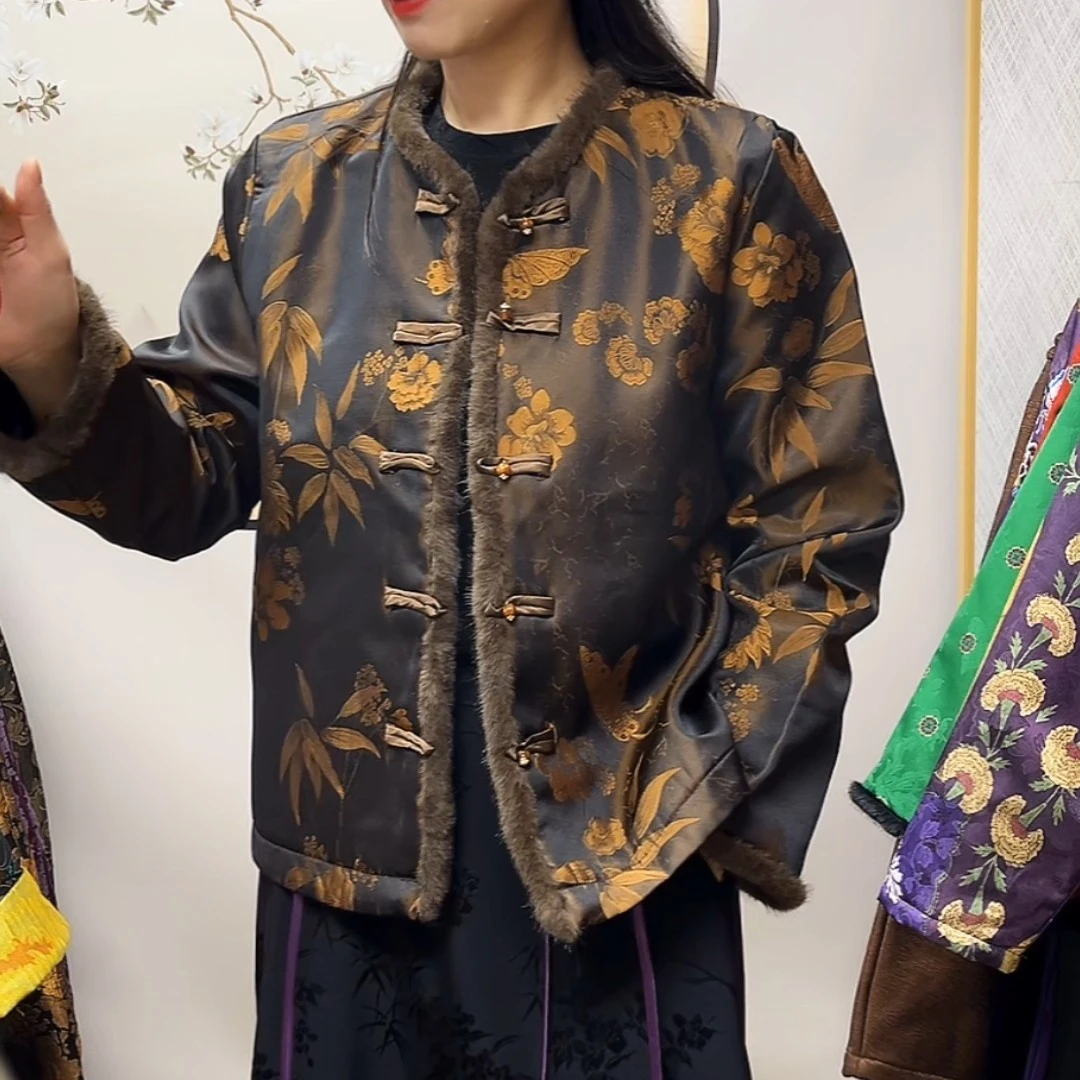 提花长袖厚款复古新中式秋香色上衣中国风秋冬