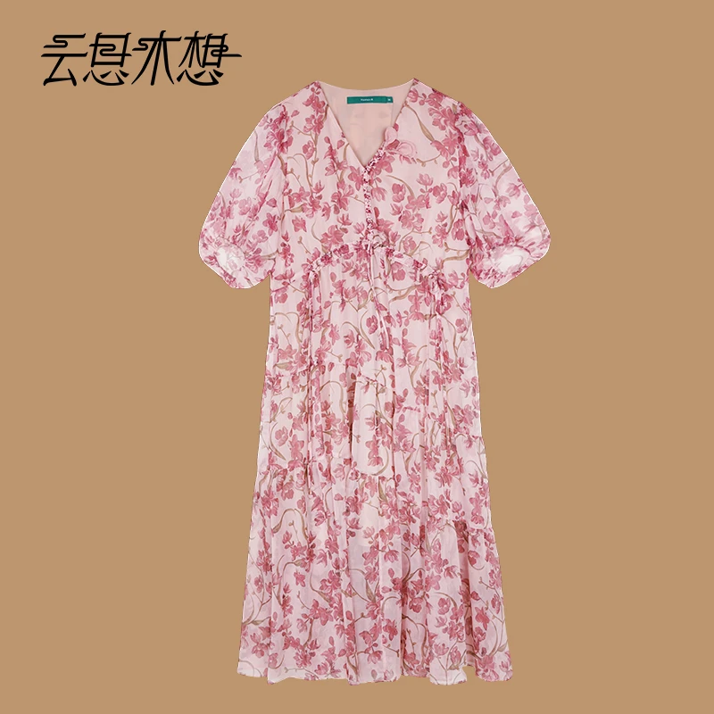 Ysimo-X云思木想 粉黛花影 优雅印花钉花V领玉石坠连衣裙13308