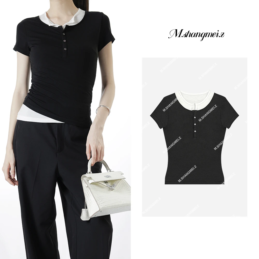 M.SHANGMEI.Z/沐熙【双V撞色T】美大哥显瘦拼色假两件T恤X052458