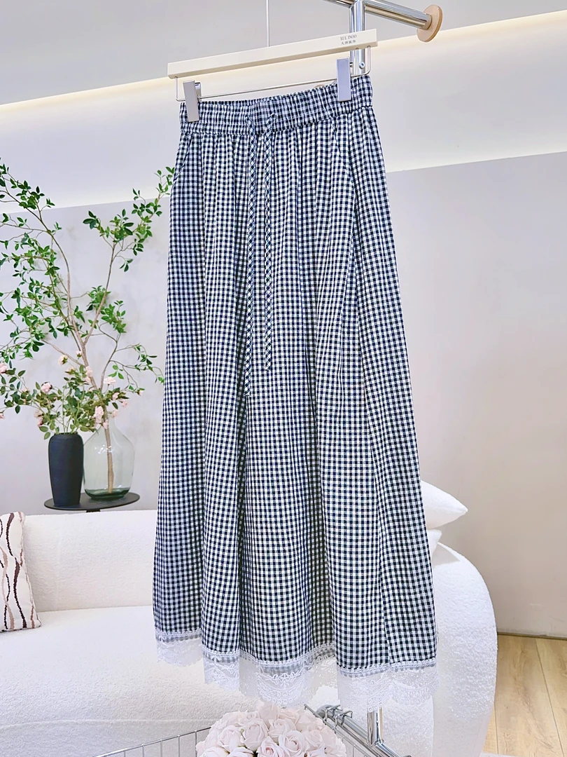 琳心丨夏季新款黑色格子高腰宽松蕾丝边半身裙 SX101