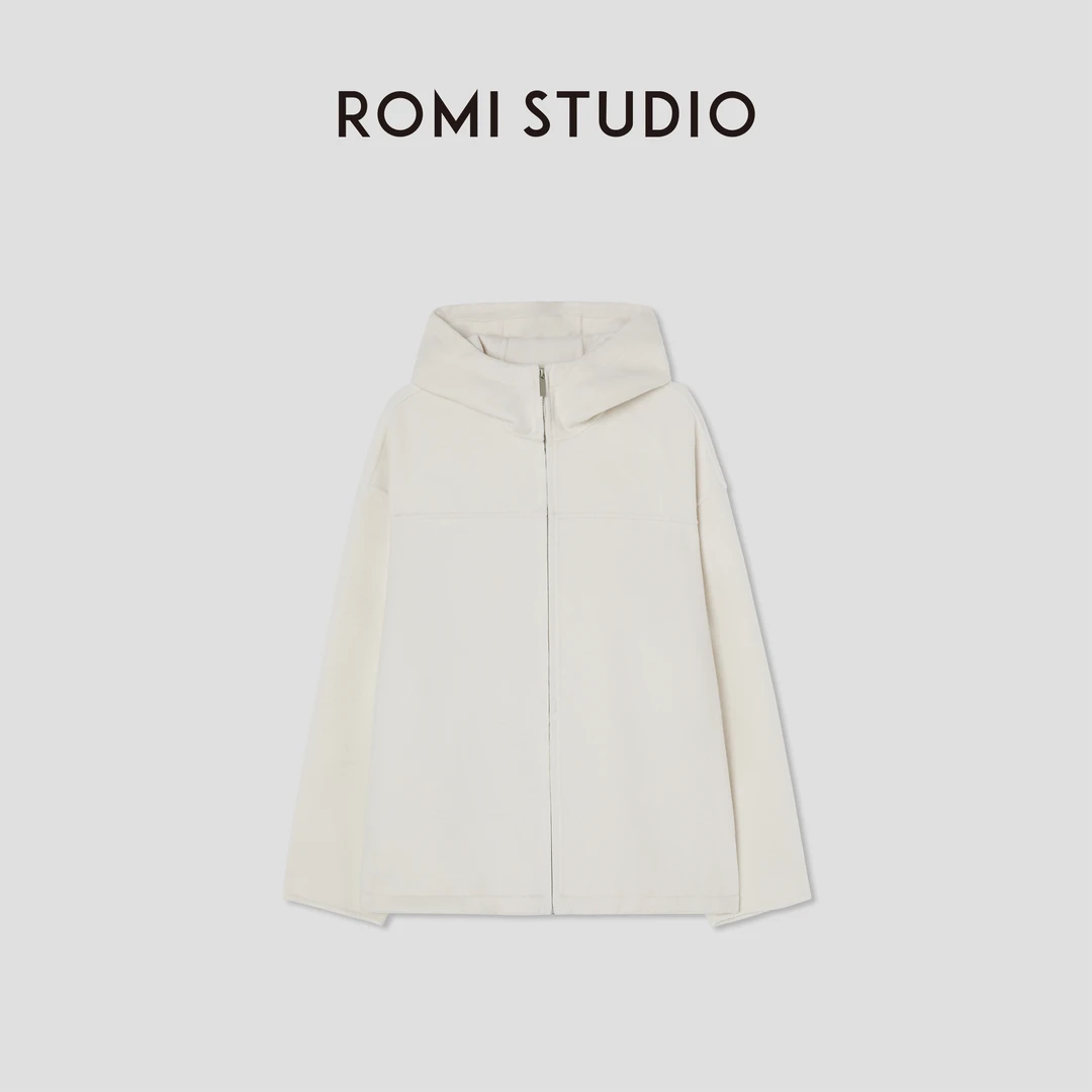ROMI STUDIO“随性自在”100%棉休闲奶白宽松连帽开衫卫衣 T8045
