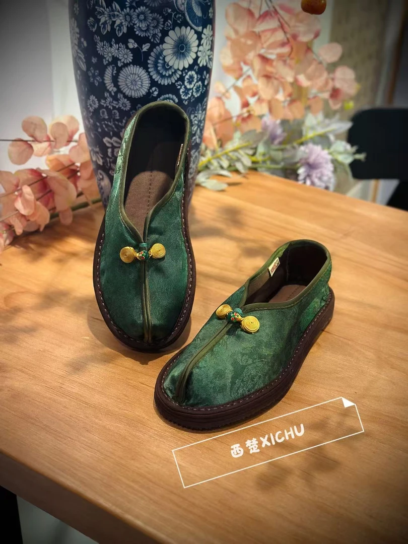 2025夏款【翡翠】桑蚕丝如意扣新中式手工千层底布鞋