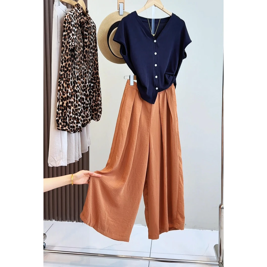 日韩系度假慵懒风褶皱阔腿裙裤女夏季松弛垂感宽松休闲裤九分裤