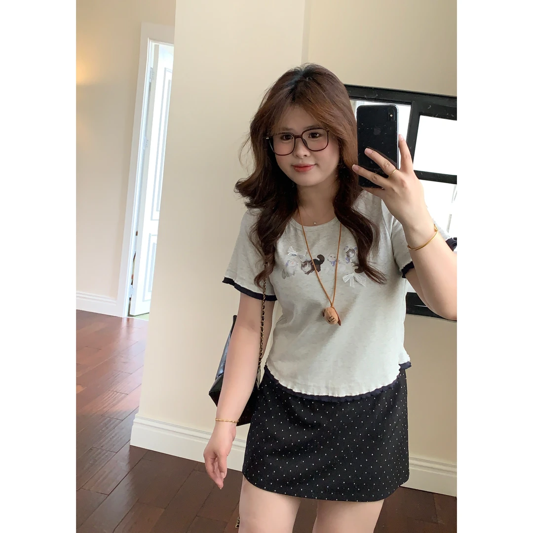 【猫咪漫笔】大头婷微胖夏季T恤圆领卡通印花蝴蝶结短袖上衣