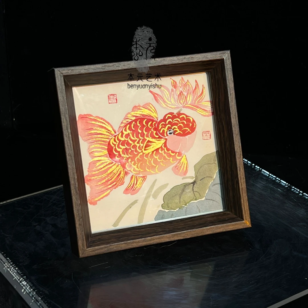 【小胖锦鲤】本元艺术17x17手写手绘国画摆件国潮氛围感办公室摆台