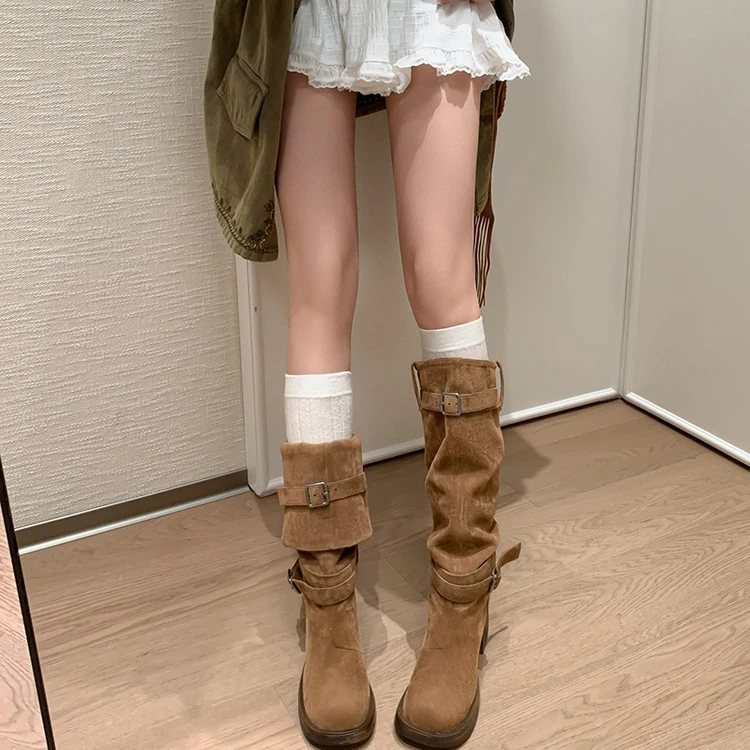 6cm~两穿复古靴子女长筒靴高筒堆堆靴棕色骑士靴西部中筒靴美拉德